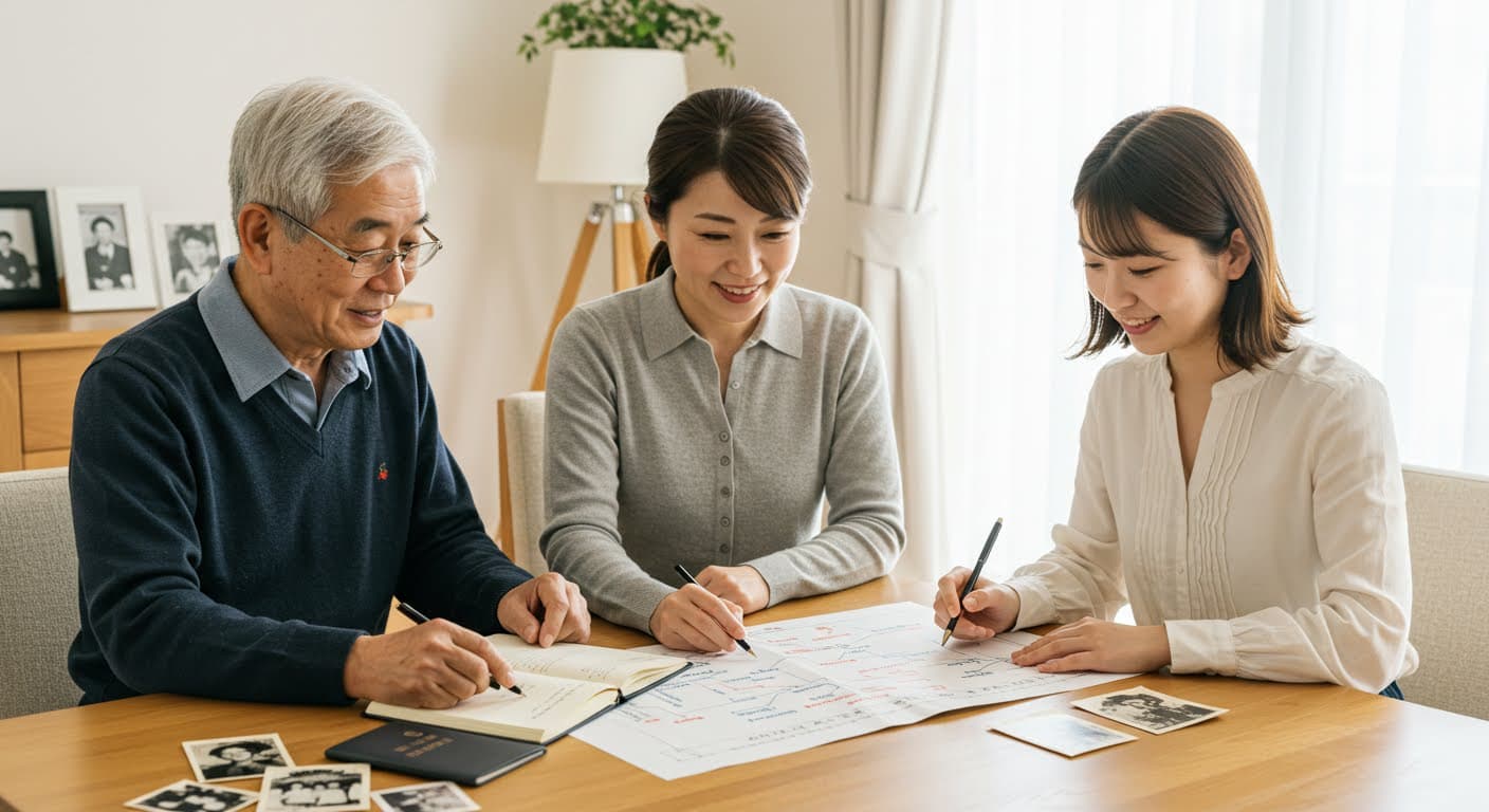 家系図を囲んで話す家族